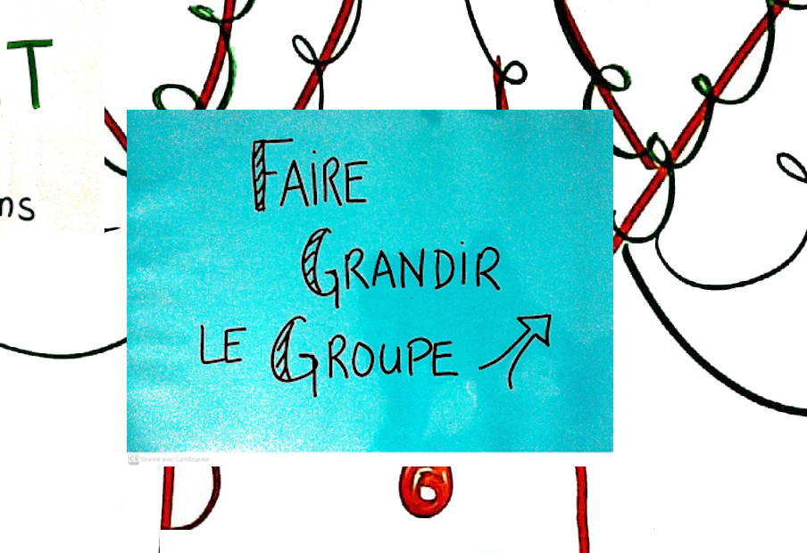 feuille en papier bleu où est inscrit en noir "Faire grandir le groupe"